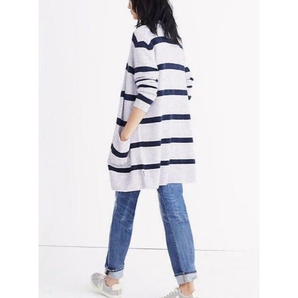 Madewell SMALL S Striped Kent Cardigan Merino Wool Stripe Sweater Gray Blue - Picture 2 of 11
